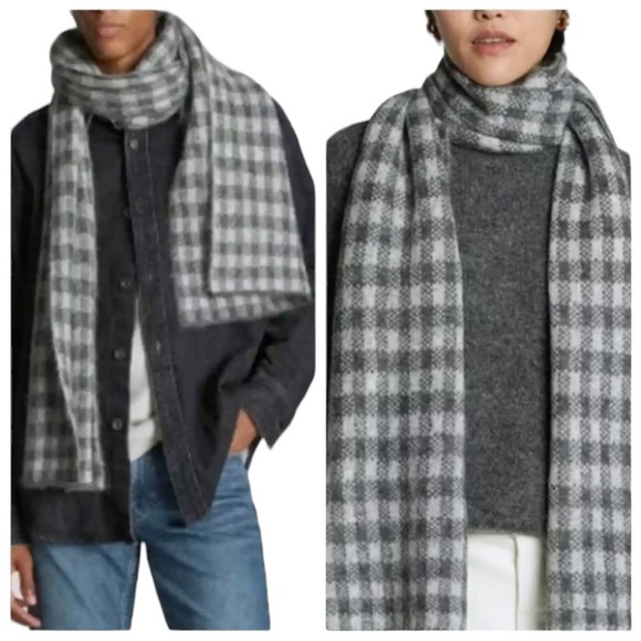EVERLANE Unisex Oversized Cozy Alpaca Wool Gray Checkered Scarf New Tags 84X16 - Picture 3 of 9